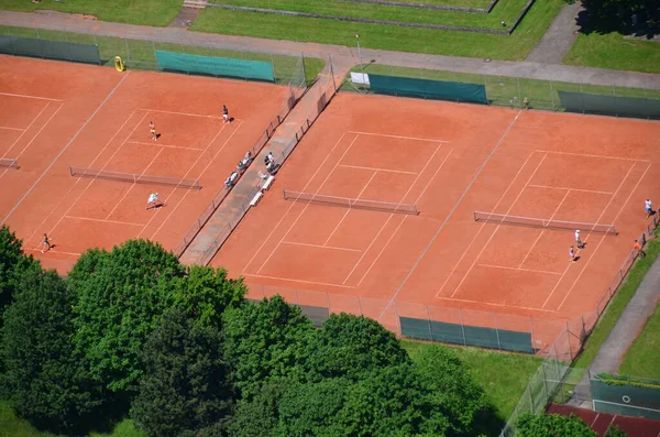 Aerial View Red Tennis Fields People — Photo