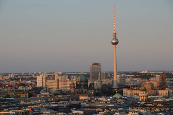 View of architecture, sunset berlin city scene