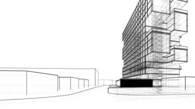 3D çizgili mimari proje, bahçe ve bina boyunca taşınıyor