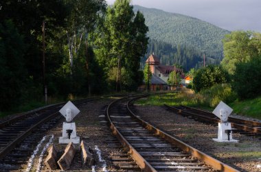 Binaları ve yeşilliği olan demiryolu rayları