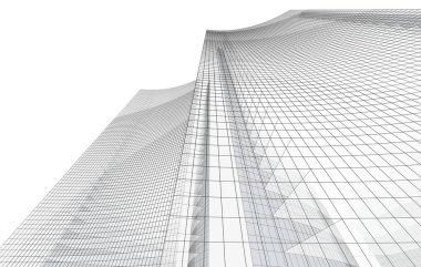 Cam çerçeveli modern gökdelenler, minimalist mimari tarzda düşük açılı bir perspektiften çekilen temiz bir gökyüzüne yükselir..