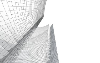 Modern, minimalist cam-ızgara gökdelenler alçak bir açıdan bakıldığında, berrak bir gökyüzüne yükselirler..