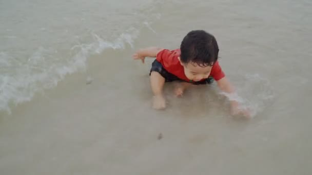 少年は浜辺で海遊びを楽しんでいた — ストック動画