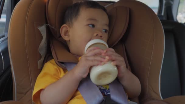 Kleine Jungen Kinder Trinken Milch Aus Einer Flasche Auf Einem — Stockvideo