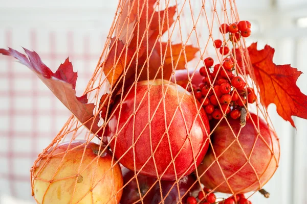 Червоні стиглі яблука в сітці сумки — стокове фото