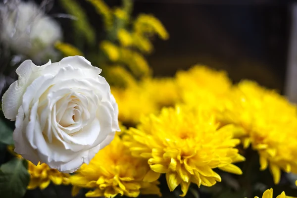 Rosa Branca com Crisântemos Amarelos