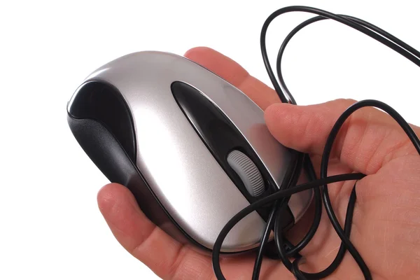 Mouse de computador com o cordão na mão — Fotografia de Stock