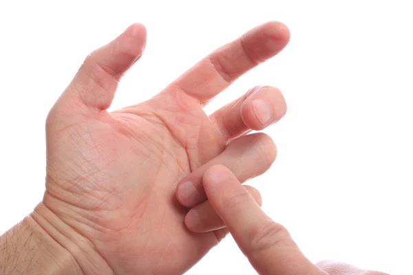 Berechnung durch die Finger der Hände Stockfoto