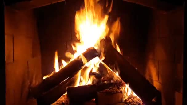 Firewood Burning Fireplace Fire Cozy Country House — Stock Video