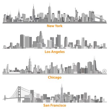 New York, Chicago, Los Angelews ve San Francisco resimler gri ölçeklerde kentsel şehirler kümesi