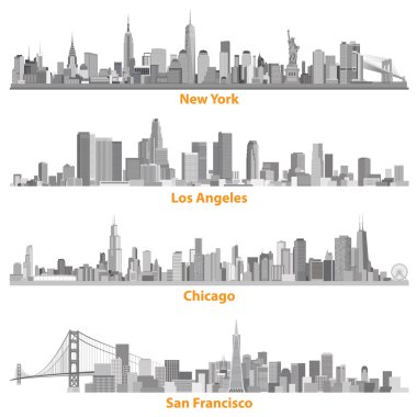 set of urban cities of New York, Chicago, Los Angelews and San Francisco illustrations in grey scales clipart
