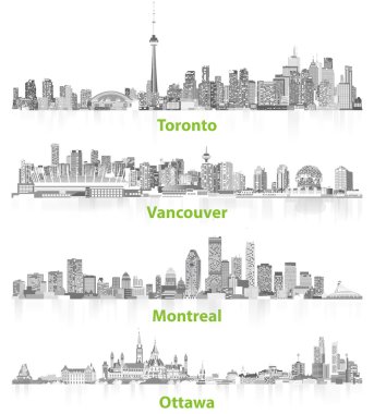 illustrations of canadian urban city skylines in grey scales on white background