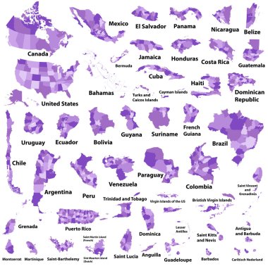 Latin, Caribbean, North and South American country regions' maps clipart