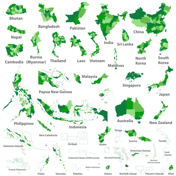 Asian, Australia and Oceania countries maps — Stock Vector