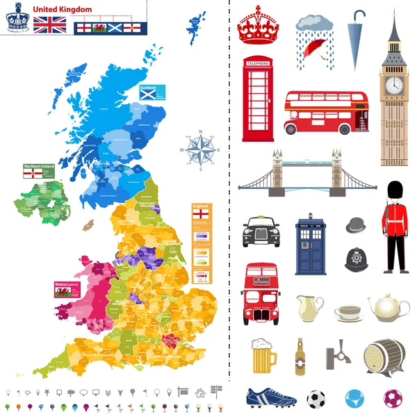 Vereinigte königliche Regionen Karte mit administrativen Einteilungen und Titel jeder von ihnen. Flaggen des Vereinigten Königreichs, Wales, Schottland und Nordirland. Ortssymbole und nationale Themensymbole — Stockvektor