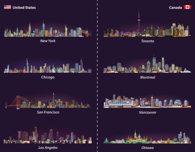 Gece vektör, Amerika Birleşik Devletleri ve Kanada şehir silueti ayarla