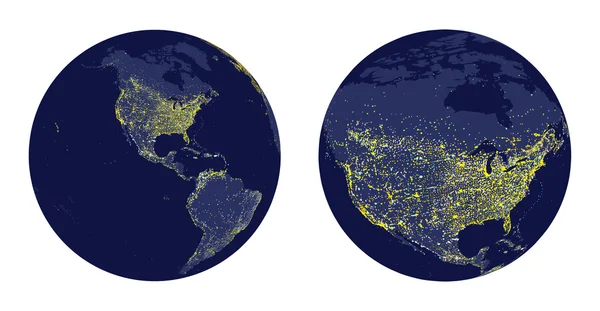 Vector εικονογράφηση της σφαίρα της γης με τα φώτα της πόλης και ζουμ της Βόρειας Αμερικής — Διανυσματικό Αρχείο