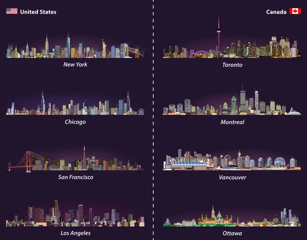 Estados Unidos e Canadá cidade skylines no conjunto vetor noite —  Vetores de Stock