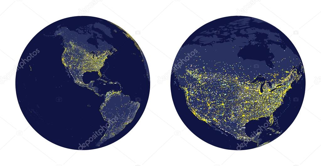 vector illustration of Earth sphere with city lights and zoom of North America