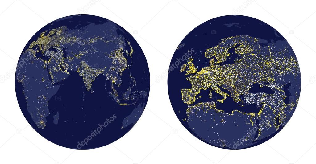 vector illustration of Earth sphere with city lights and zoom of Europe