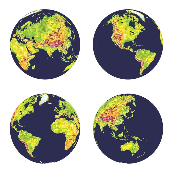 Vektorové geografické glóby země v nízké poly stylu v různých polohách — Stockový vektor
