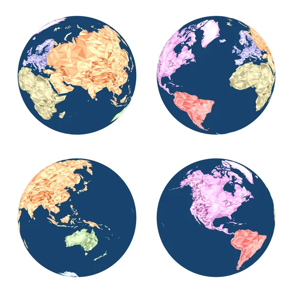Vector Globos geográficos de la Tierra en estilo polivinílico bajo en diferentes posiciones — Archivo Imágenes Vectoriales