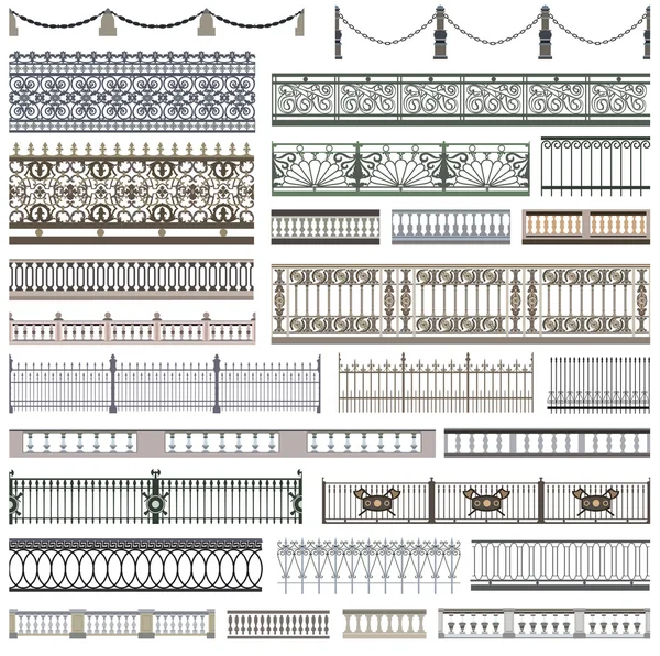 Fence patterns and decorative design elements with seamless borders — Stock Vector