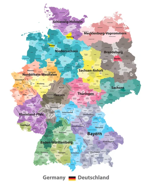 区画を持つドイツ地図 (州と行政区域で塗装) — ストックベクタ