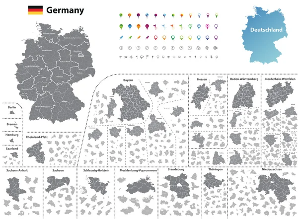 Carte des États fédéraux d'Allemagne avec districts administratifs et subdivisions — Image vectorielle