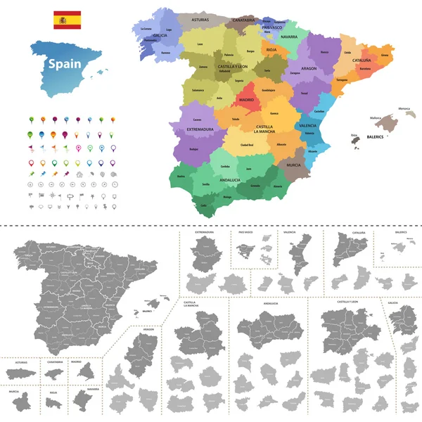 Mapa de España (coloreado por comunidades autónomas) con divisiones administrativas — Vector de stock