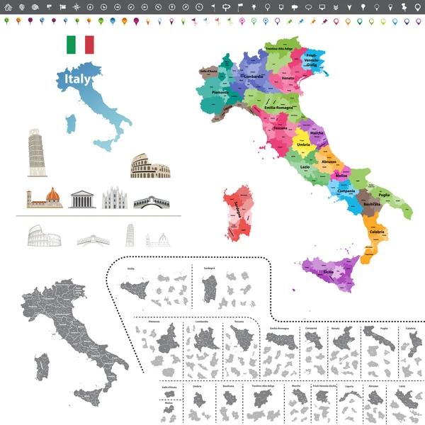 Mappa vettoriale Italia colorata per regioni — Vettoriale Stock