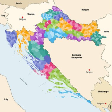 Hırvatistan belediyelerinin vektör haritası komşu ülkeler ve bölgeler tarafından renklendirildi