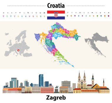 Hırvatistan ilçe ve belediyelerden oluşan renkli bir harita. Hırvatistan bayrağı. Zagreb şehir manzarası. Vektör illüstrasyonu