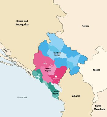 Karadağ belediyelerinin vektör haritası komşu ülkeler ve bölgeler tarafından renklendirildi