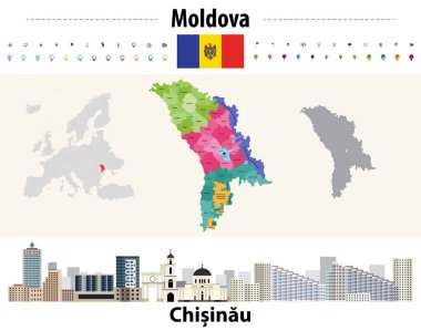 Moldova idari bölümlerinin haritası. Moldova bayrağı. Kishinev şehir manzarası. Vektör illüstrasyonu
