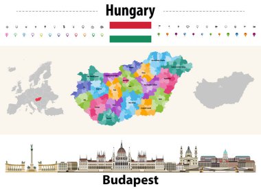 Macaristan idari tümen haritası. Macaristan bayrağı. Budapeşte şehri. Vektör illüstrasyonu