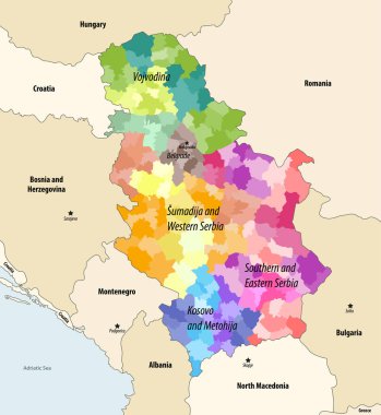 Sırbistan 'ın ilçeleri (ve belediyeleri) komşu ülkeler ve bölgelerle istatistiksel bölgeler vektör haritasıyla renklendirildi