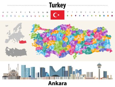 Türkiye, illerin haritasıyla renklerin dikkatini dağıtıyor. Ankara şehir manzarası. Vektör illüstrasyonu
