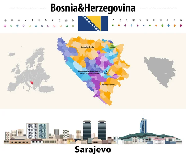 Bosznia Hercegovina Településeinek Vektortérképe Szarajevó Városképe Bosznia Hercegovina Lobogója — Stock Vector