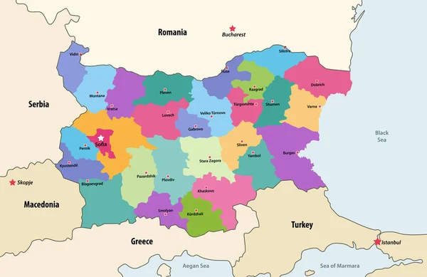 Mapa Vetorial Das Províncias Bulgária Com Países Territórios Vizinhos —  Vetores de Stock