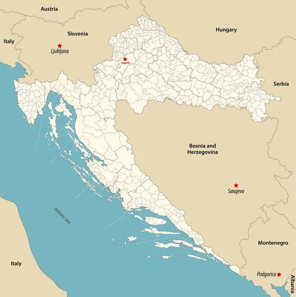 Vektorová Mapa Obcí Chorvatska Obarvená Kraji Sousedními Zeměmi Územími — Stockový vektor