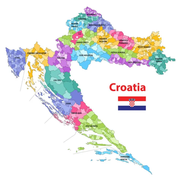 郡によって着色されたクロアチア自治体の詳細なベクトル地図 Croatia — ストックベクタ