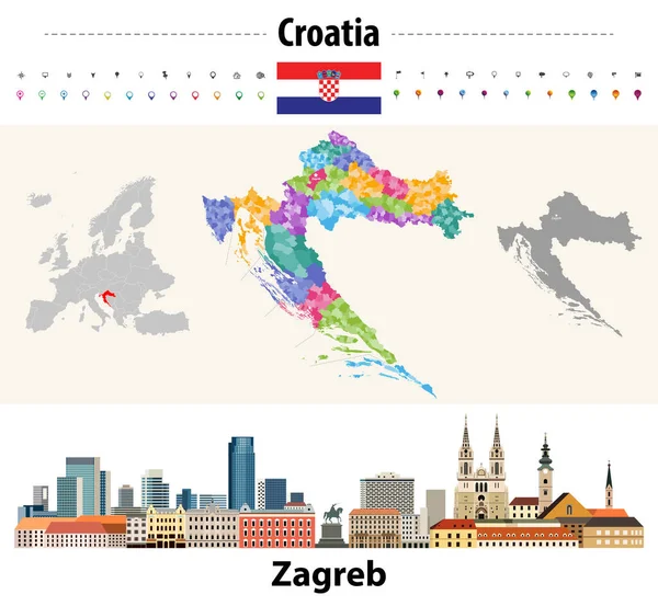 Horvátország Színes Térkép Feladó Megyék Települések Horvátország Zászlója Zágrábi Városkép — Stock Vector