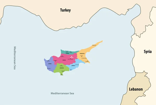 Chipre Regiones Mapa Vectorial Con Los Países Territorios Vecinos — Vector de stock