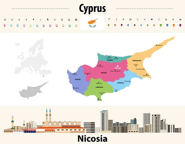 Chipre Divisões Administrativas Mapa Com Principais Cidades Bandeira Chipre Paisagem —  Vetores de Stock