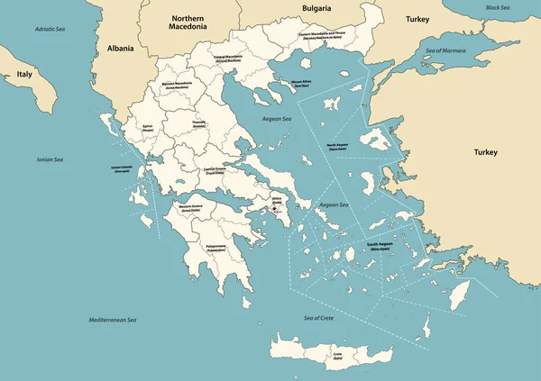 Grèce Provinces Régions Carte Vectorielle Avec Les Pays Territoires Voisins — Image vectorielle