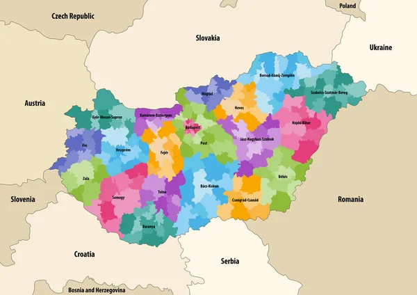 近隣諸国 地域との郡によって着色されたハンガリーの地区のベクトル地図 — ストックベクタ
