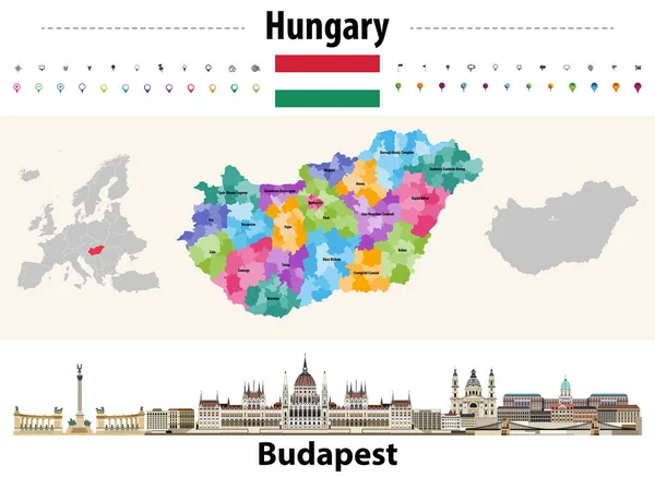 Mapa Oddziałów Administracyjnych Węgier Flaga Węgier Pejzaż Budapesztu Ilustracja Wektora — Wektor stockowy
