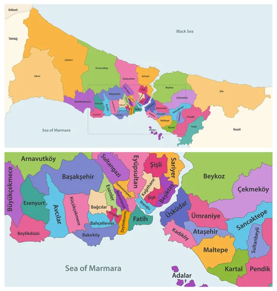 Райони Провінції Істанбул Закривають Детальну Карту — стоковий вектор