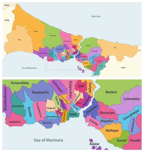 Distritos Estambul Provincia Vector Primer Plano Mapa Detallado — Vector de stock